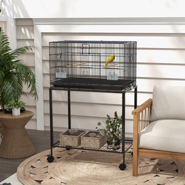 Gaiola para Pássaros com Rodas 77x46x119 cm Bandeja Amovível 2 Poleiros 2 Comedouros e Prateleira de Armazenamento Preto