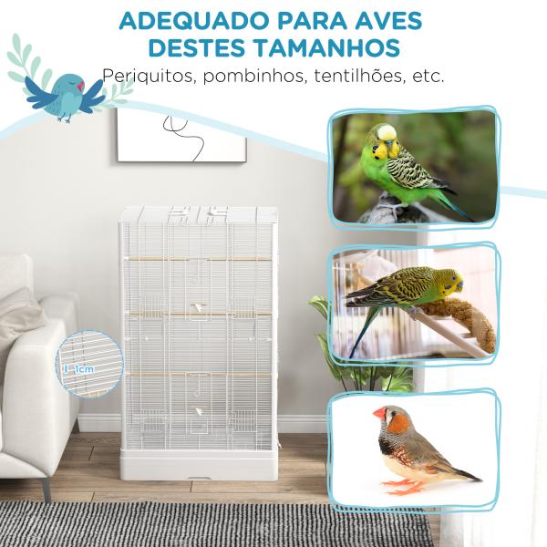 Gaiola para Pássaros 61x36,5x98 cm com Portas Poleiros Bandeja Removível e Alças para Canários Periquitos Branco