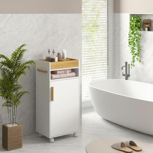 Armário Casa de Banho Moderno com Prateleiras Ajustáveis Armário Bandeja Amovível e Rodas 40x30x88 cm Branco e Carvalho