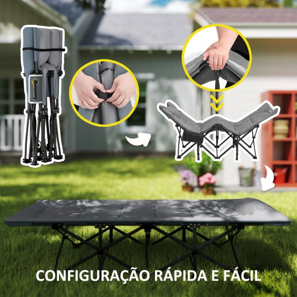 Cama Dobrável de Campismo Praia com Apoio de Cabeça e Bolso Lateral Suporta até 150 kg 187x67x37 cm Cinzento