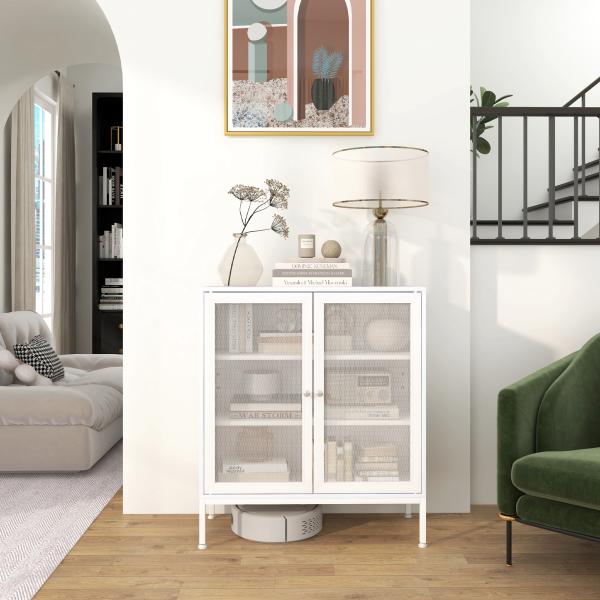 Aparador de 3 Níveis com Portas de Malha e Prateleira Ajustável Aparador de Cozinha Moderno para Sala 80x37x92 cm Branco