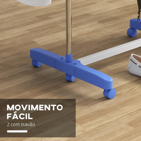 Estendal para Roupa Dobrável 80x55x152cm com 6 Rodas e 3 Prateleiras com Altura Ajustável de Aço Inoxidável Prata e Azul