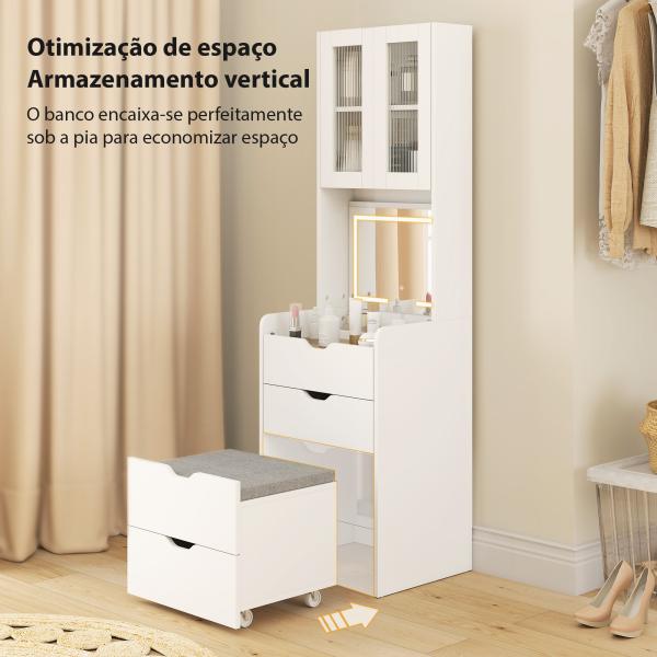 Toucador de Maquilhagem com Luzes LED de 3 Cores Espelho Rebatível e Banco Acolchoado 50x40x160 cm Branco