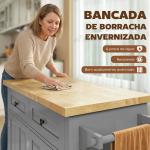 Ilha de Cozinha com Rodas 2 Gavetas 4 Portas Suporte para Temperos e Barra Lateral 111x44,5x82,5 cm Cinzento e Madeira
