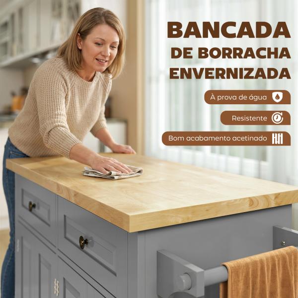 Ilha de Cozinha com Rodas 2 Gavetas 4 Portas Suporte para Temperos e Barra Lateral 111x44,5x82,5 cm Cinzento e Madeira