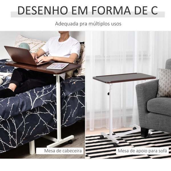 Mesa Auxiliar com Rodas para Sofá e Cama Altura Ajustável e Estrutura de Aço 77x40x76 - 100 cm Nogueira Escura