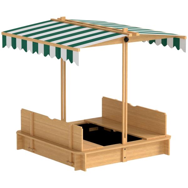 Caixa de Areia para Crianças de Madeira com Toldo Ajustável em Altura 2 Bancos e Encostos para Jardim 106x106x121 cm Natural