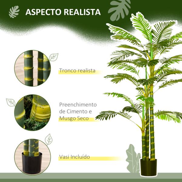 Planta Artificial Palmeira Areca com Vaso e 30 Folhas Decoração para Interior e Exterior Ø19,5x190 cm Verde