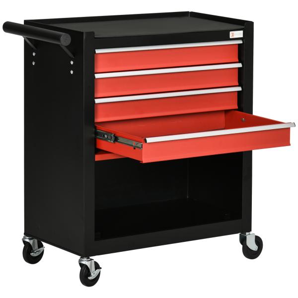 Carro de Ferramentas Móvel com Rodas 4 Gavetas Compartimento de Armazenamento e Alça Lateral 69x33x75cm Preto e Vermelho