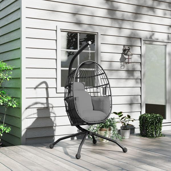 Cadeira Suspensa com Suporte Cadeira Baloiço de Jardim com Cesto Dobrável Almofada e Apoio para a Cabeça 120x88x192 cm Preto