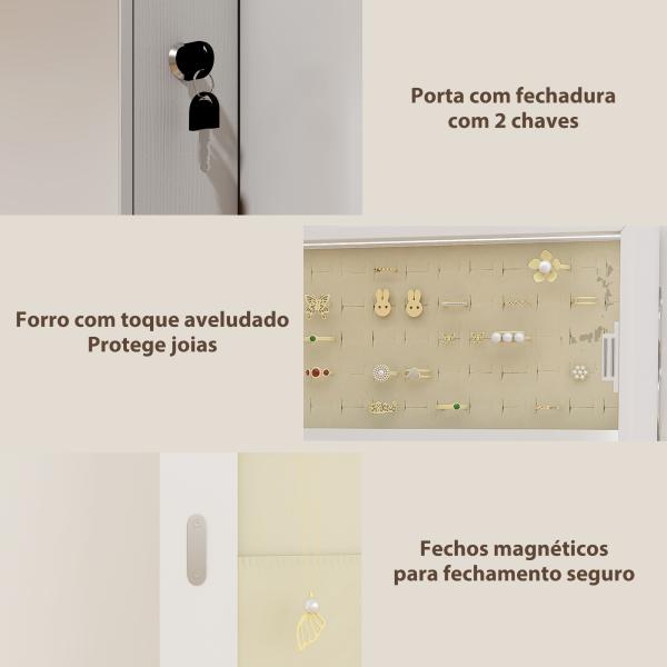 Espelho para Joias com Luz LED Montado na Parede ou na Porta com Fechadura Espelho de Corpo Inteiro 2 Gavetas Branco