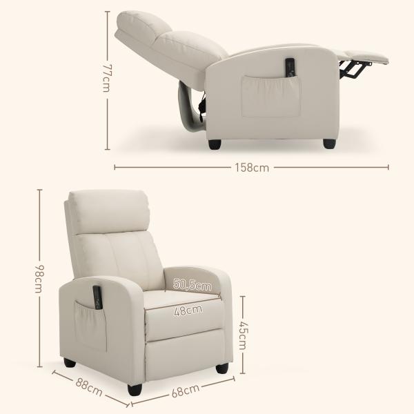 Poltrona de Massagem Reclinável com 2 Zonas de Massagem 8 Programas e 5 Níveis de Intensidade 68x88x98 cm Creme