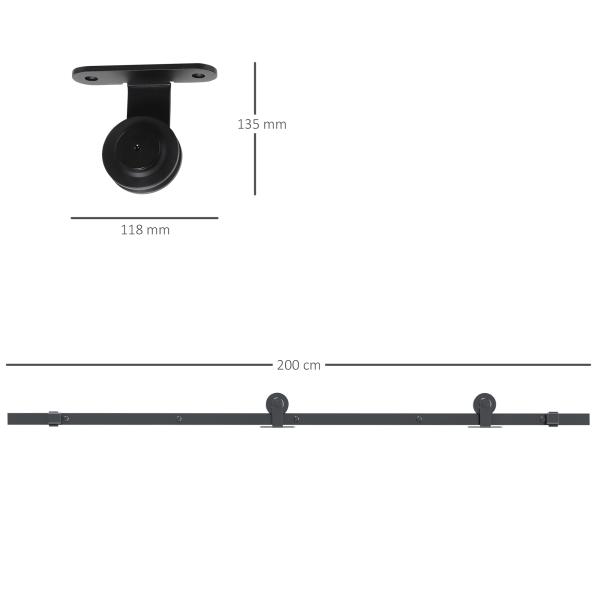 Ferragem para Porta de Correr Kit de Acessórios para Porta Corredeira com 2 Trilhos de Aço de Carbono 200x40x0,6cm Preto