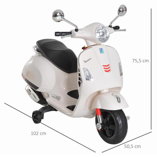 Mota Elétrica para Crianças com Licença Vespa com Música Velocidade 2 - 3 km/h e Buzina 102x50,5x75,5 cm Branco