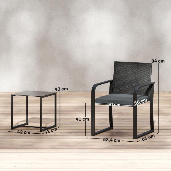 Conjunto de Jardim 3 Peças de Vime com 2 Cadeiras com Almofadas Tecido Textilene e Mesa de Vidro Temperado Cinza