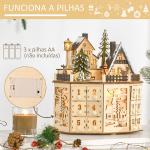 Calendário do Advento de Natal em Madeira Reutilizável com Luzes LED 24 Gavetas Cena de Aldeia 25x20x29 cm Natural
