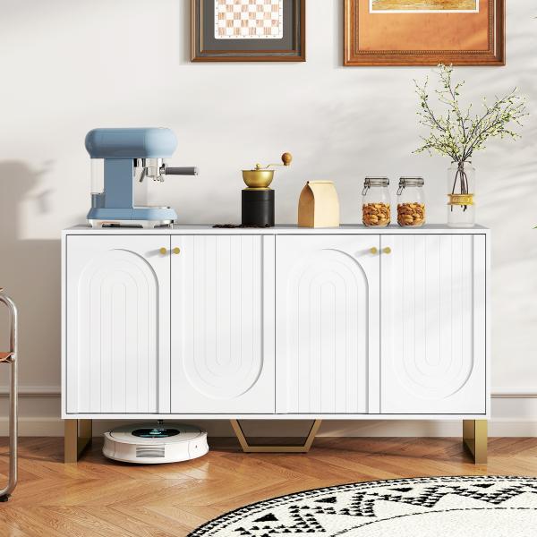 Aparador Moderno para Sala de Estar com Prateleiras Ajustáveis e Pés Dourados Móvel para TV até 65 Polegadas 140,8x35x77,5 cm Branco