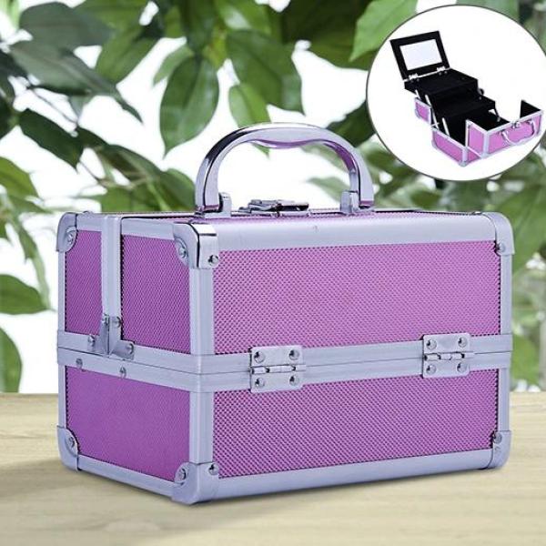 Estojo de Maquiagem Profissional Portátil de Cosméticos com Bandejas de 3 Níveis e Espelho 2 Chaves para Porta - Joias Manicure 15x15x20cm Rosa