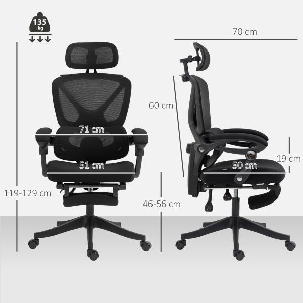 Cadeira de Escritório de Malha com Apoio para a Cabeça Suporte Lombar Apoio para os Pés Função de Inclinação 71x70x109 - 119 cm Preto