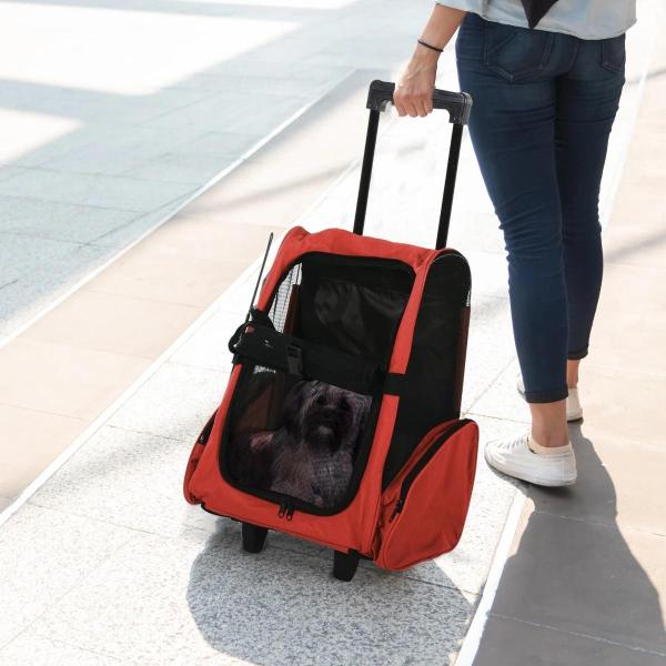 Transportadora 2 em 1 para Animais de Estimação Mochila ou Carrinho de Viagem para Cães e Gatos com 2 Rodas Alça Retrátil de Alumínio e Bolso de Armazenamento 42x25x55cm Vermelho