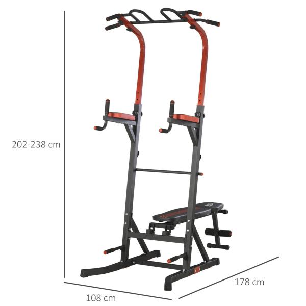 Estação de Musculação Torre de Treinamento com Altura Ajustável e Encosto Regulável em 7 Posições Barra de Elevação Flexões Aço 108x178x202 - 238cm Preto