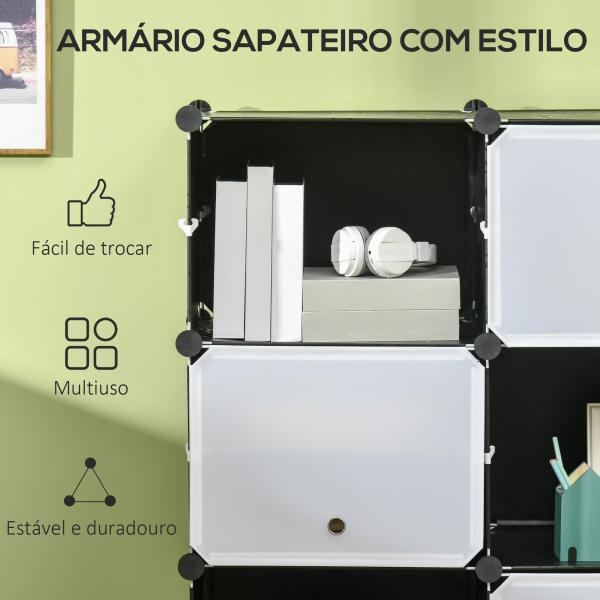 Armário Modular de Plástico Armário com 12 Cubos Organizadores de Sapatos Roupas Brinquedos 125x32x125cm Branco e Preto