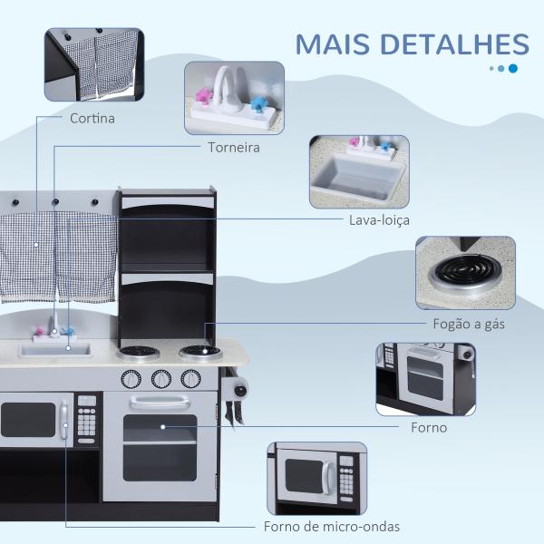 Cozinha de Brinquedo Infantil Cozinha de Madeira para Crianças com Acessórios Cozinha para Crianças com Forno Micro - Ondas Lavatório 105x31,5x95 cm Cinza e Preto