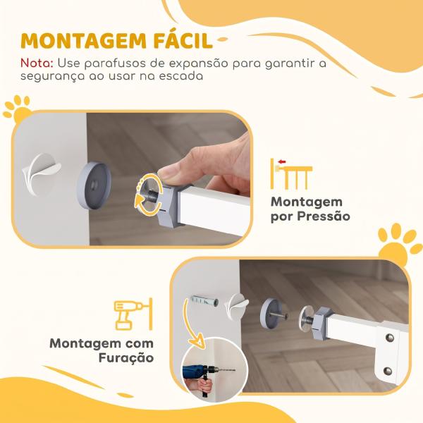 Barreira de Segurança para Cães 74 - 100 cm com Extensões, Montagem por Pressão e Duplo Bloqueio, Branco
