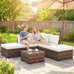 Conjunto de Jardim Exterior em Rattan de 6 Peças com Cadeira de Canto, 2 Cadeiras sem Braços, Apoio para Pés e Mesa Castanha