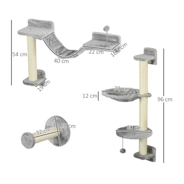 Prateleiras de Escalada para Gatos de Parede com Rede Plataformas Poste de Sisal e Escada 84,5x19x54 cm Cinza e Bege