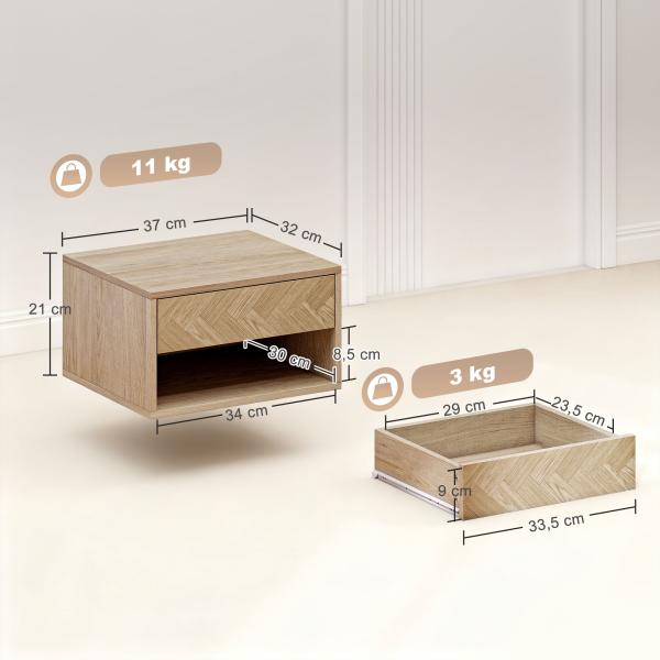 Conjunto de 2 Mesas de Cabeceira Suspensas com Gaveta e Compartimento para Quarto Sala 37x32x21 cm Madeira