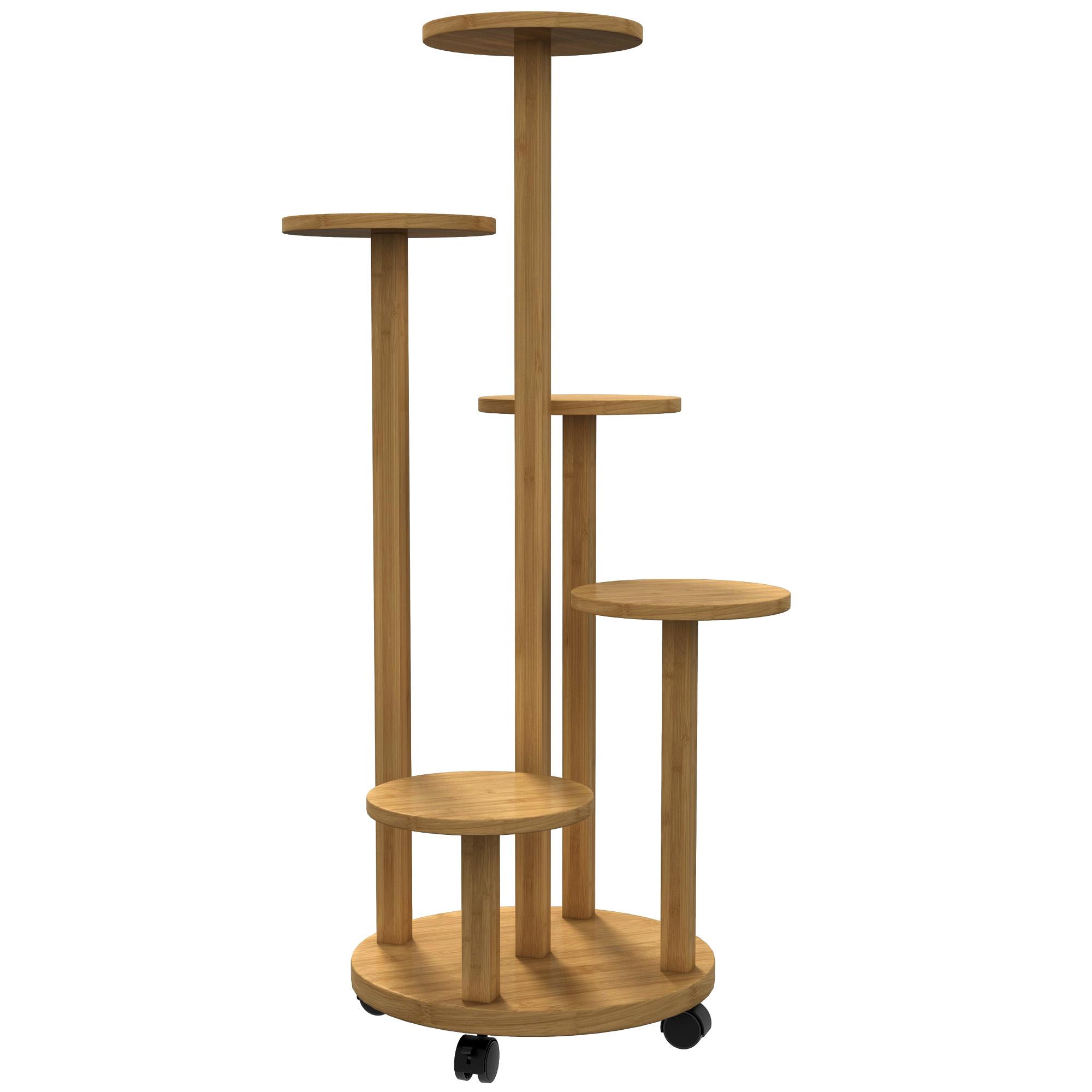 Suporte para Plantas em Bambu com Rodas de 5 Níveis Estante Redonda para Plantas para Cantos 33x33x90 cm Madeira