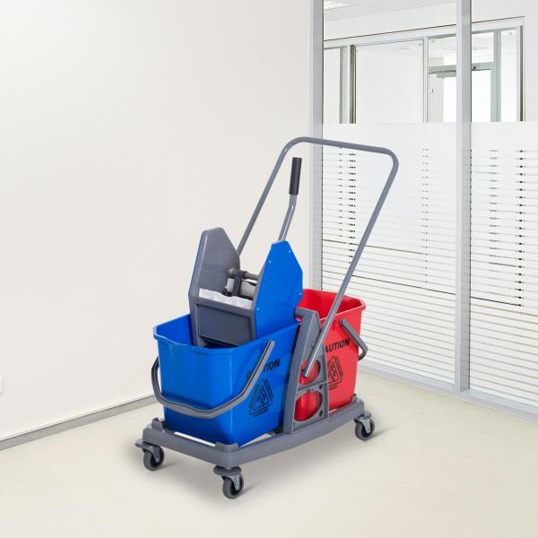 Carro de Limpeza Professional Carro de Limpeza de Metal com 2 Baldes de 25 Litros Removíveis Escorredor Manual e 4 Rodas 73x45x92cm Vermelho e Azul