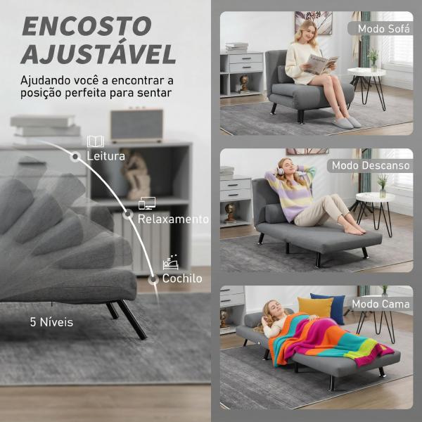 Sofá Cama Individual Dobrável com Encosto Ajustável em 5 Níveis Almofada e Estofado de Linho Sintético 75x70x75 cm Cinzento