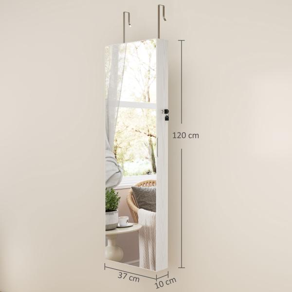 Espelho de Joias com Luz LED, Armário Montado na Parede ou Porta com Fechadura e Espelho Branco de Corpo Inteiro