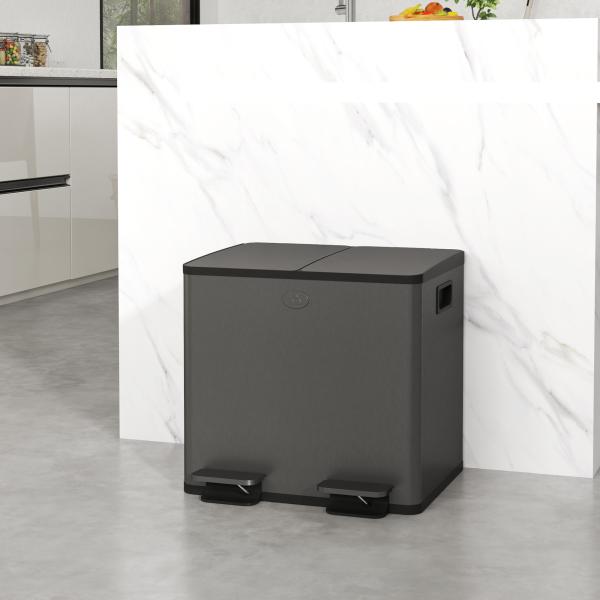 Caixote do Lixo de Cozinha em Aço Inoxidável com 2 Compartimentos 2x15L, Pedal, Tampas de Fecho Suave e Baldes Amovíveis - Preto