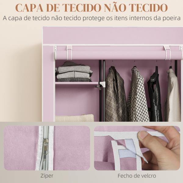 Roupeiro de Tecido Dobrável com 6 Prateleiras 1 Barra de Pendurar e Rodas para Dormitório Vestidor 103x43x162,5 cm Rosa