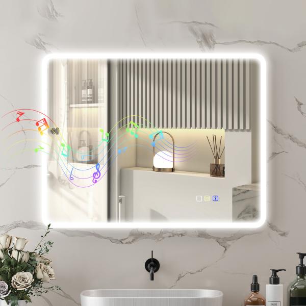 Espelho LED para Casa de Banho 90x70 cm com Bluetooth, 3 Tons de Luz, Antiembaciamento, Memória e IP44