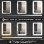 Espelho Casa de Banho com Luzes LED 60x80 cm Função Antiembaciamento 3 Temperaturas de Cor Ajustável e Função de Memória