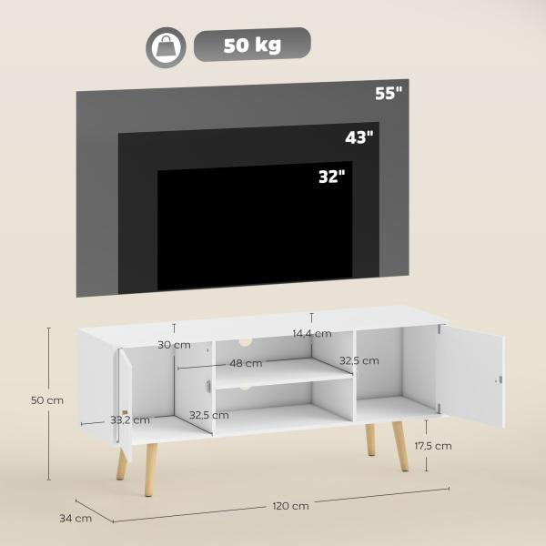 Móvel de TV para Televisores de até 55 Polegadas com 2 Portas 2 Prateleiras de Armazenamento 120x34x50cm Branco