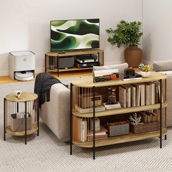 Mesa Consola com Corda de Papel Trançada à Mão Consola de Entrada de 3 Níveis com Estrutura de Aço Estilo Boémio 124x43,5x80 cm Madeira