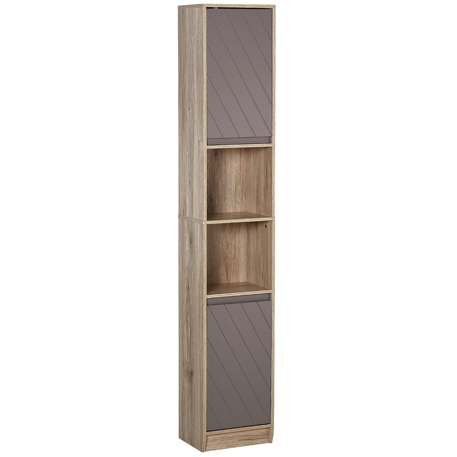 Armário Alto para Banheiro com 2 Portas e 2 Prateleiras Abertas Móveis Auxiliares para Sala de Estar Corredor 30x24x170 cm Carvalho e Cinza
