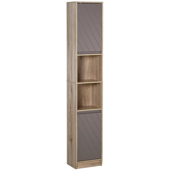 Armário Alto para Banheiro com 2 Portas e 2 Prateleiras Abertas Móveis Auxiliares para Sala de Estar Corredor 30x24x170 cm Carvalho e Cinza