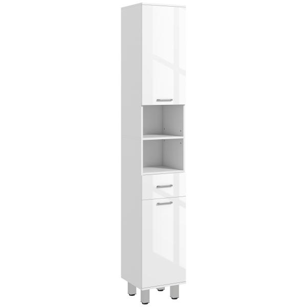 Coluna Casa de Banho Moderna com 1 Gaveta 3 Prateleiras Ajustáveis e 2 Armários Móvel Auxiliar de para Casa de Banho 30x30x180 cm Branco