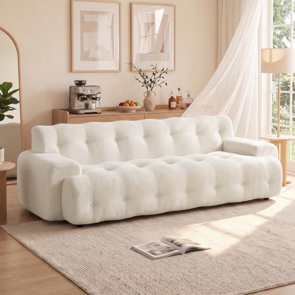 Sofá de 3 Lugares em Chenille sem Estrutura com Assento Profundo e Acabamento Capitoné, Creme