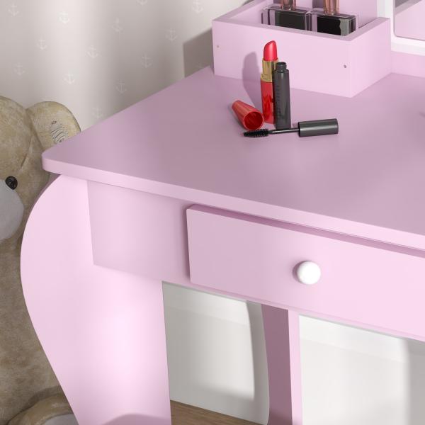 Toucador Infantil para Meninas e Meninos Toucador de Maquilhagem com Banco Espelho Gaveta e Caixas de Arrumação Rosa