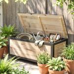 Baú de Exterior 121 L Baú de Armazenamento em Madeira com 4 Rodas para Jardim Pátio Varanda 100x50x43 cm Natural e Preto