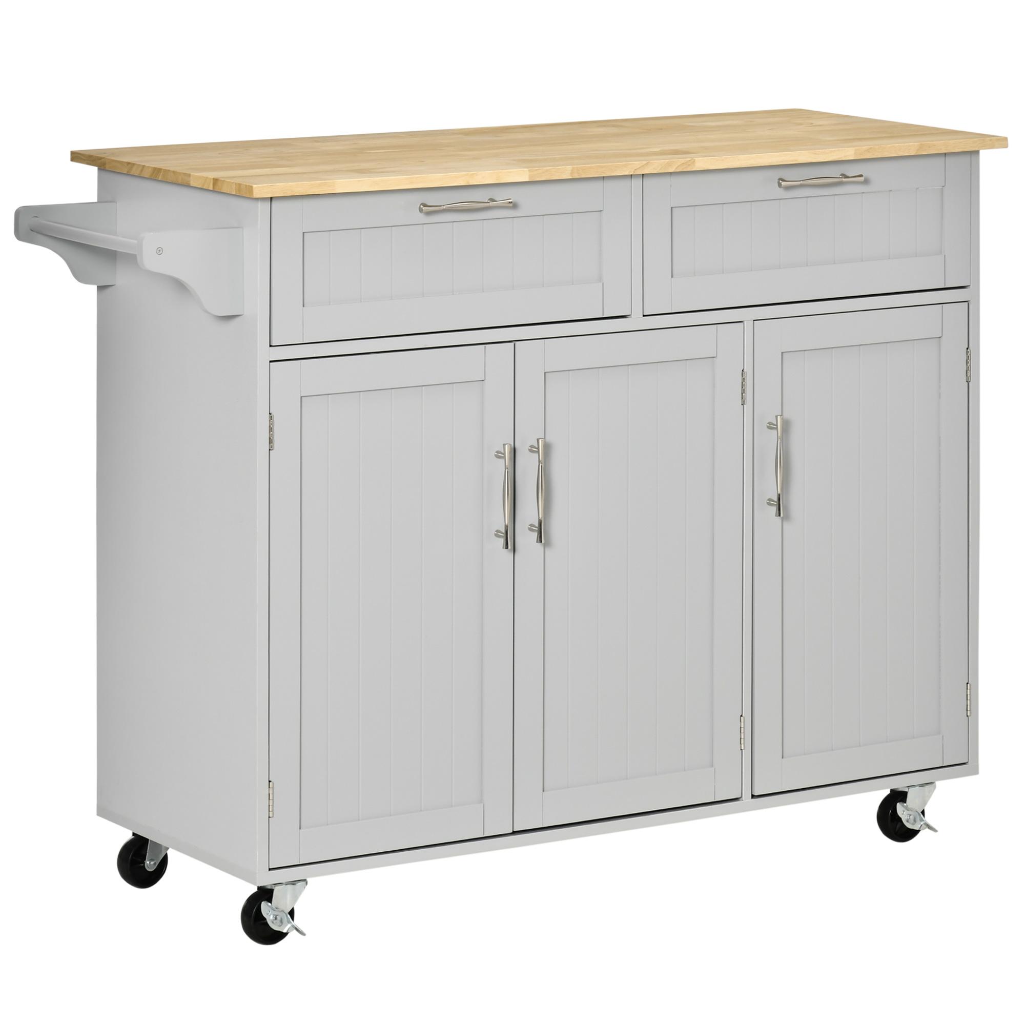 Carrinho de Cozinha com Rodas 2 Gavetas 3 Portas Prateleiras Ajustáveis e Barra para Sala de Jantar 121x46x91cm Cinza e Madeira