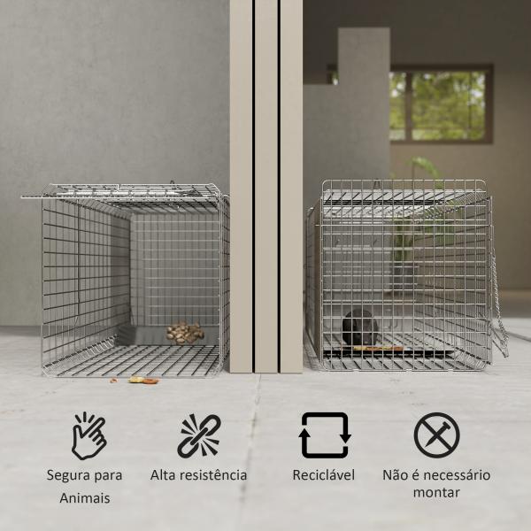 Armadilha para Animais Vivos Dobrável 93x31x34,5 cm Gaiola de Captura com Porta e Alça para Coelhos Roedores Prata