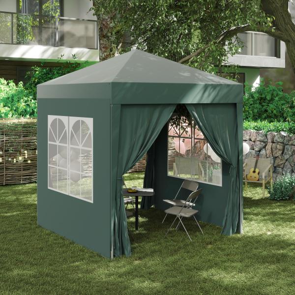 Tenda Dobrável 2x2 m Tenda de Jardim com 4 Paredes Laterais Tecido Oxford 2 Portas 2 Janelas e Bolsa de Transporte para Exterior Terraço Campismo Festas Verde